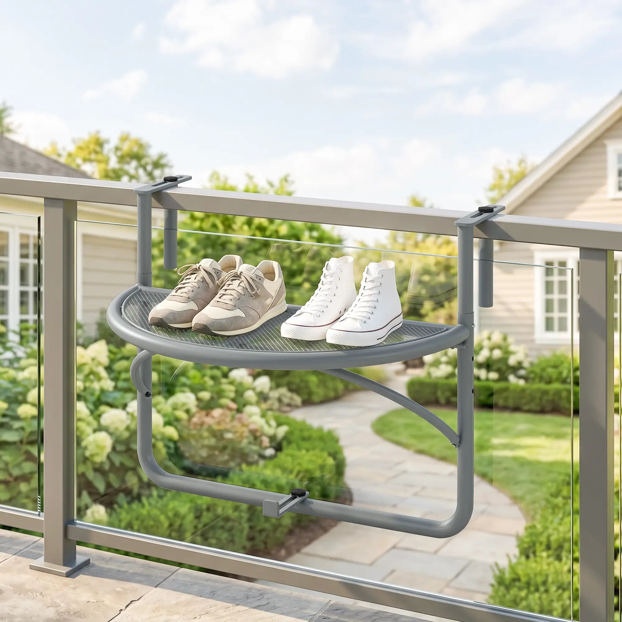 Adjustable Balcony Hanging Table, Metal Wall Desk, Outdoor Flower Stand, Half Round, Grey Balcony Table Hanging at Gallery Canada