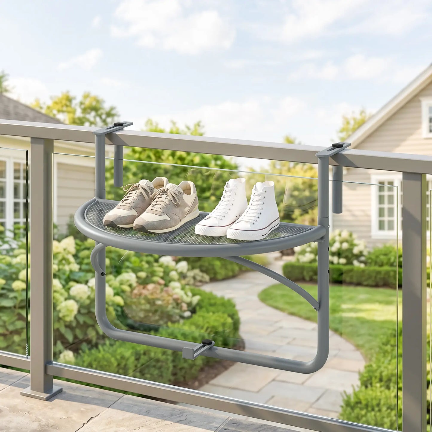 Adjustable Balcony Hanging Table, Metal Wall Desk, Outdoor Flower Stand, Half Round, Grey Balcony Table Hanging at Gallery Canada