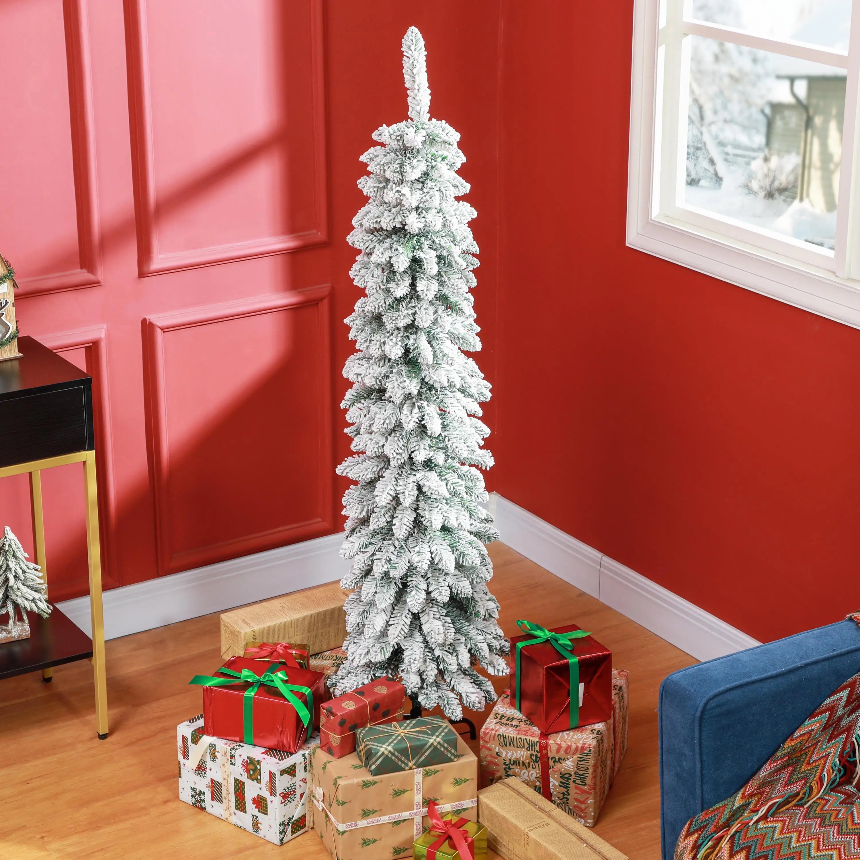 5ft Snow-Flocked Artificial Christmas Tree, Slim Pencil, 301 Branches, Metal Base, Green Pencil Christmas Trees at Gallery Canada
