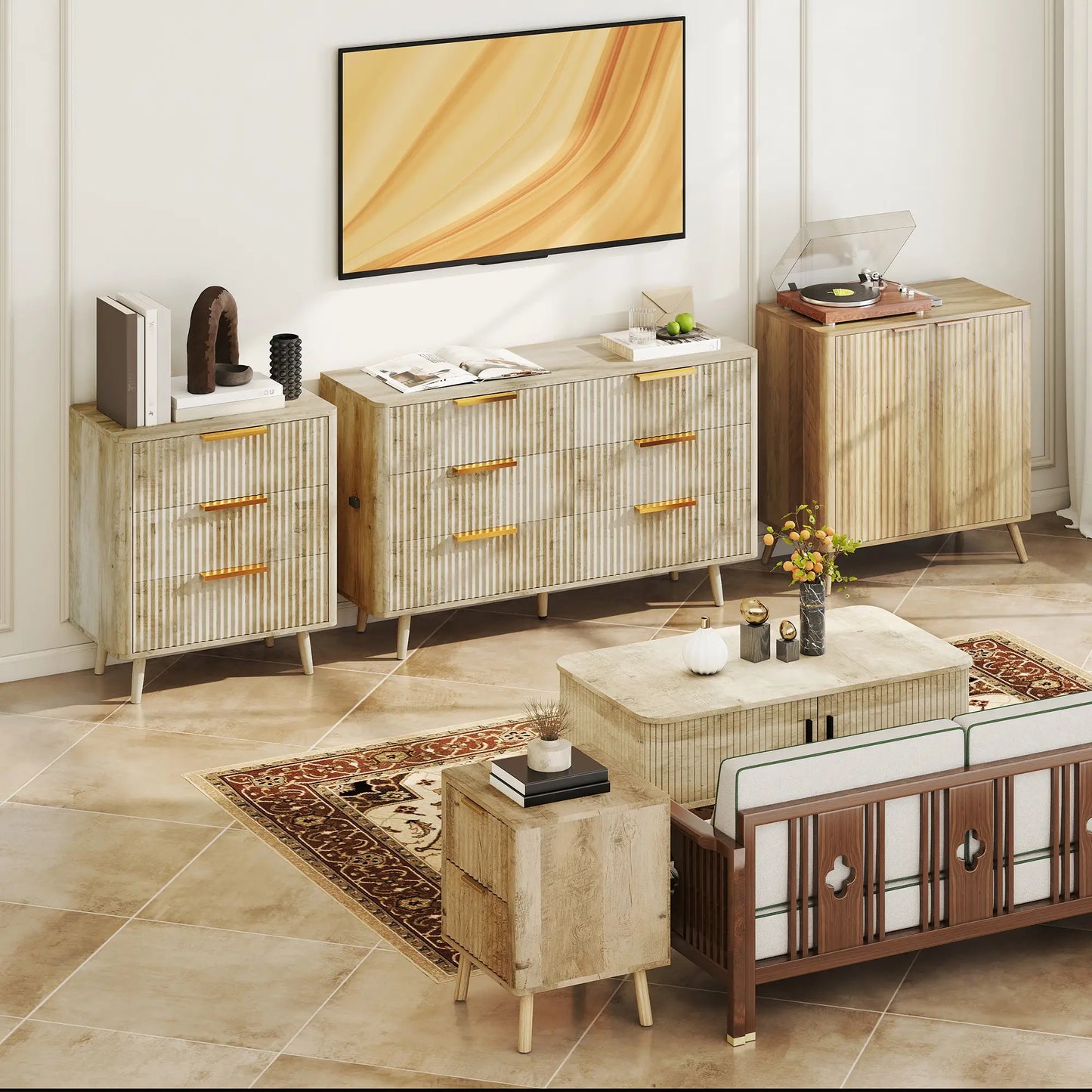 Fluted Chest of Drawers, Modern 3 Drawer Dresser with Pine Wood Legs, Oak Storage Cabinets at Gallery Canada