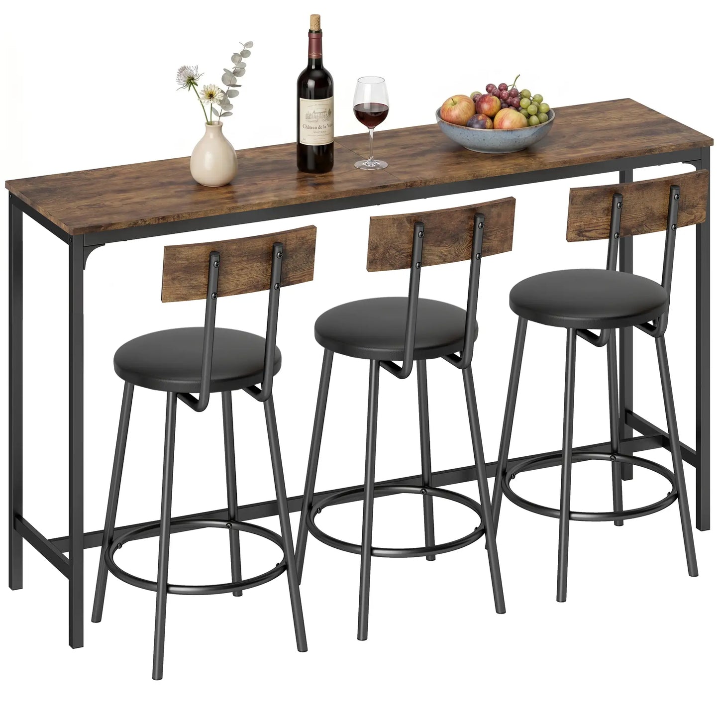 Bar Table Set, 4 PU Cushioned Barstools, Rustic Brown