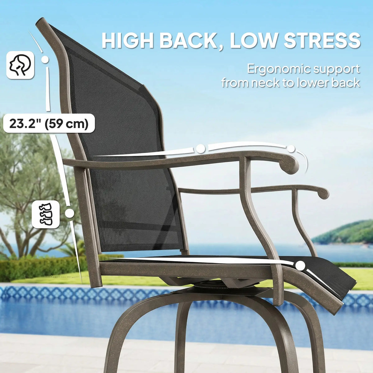 Outdoor Bar Stools Set of 2, Swivel High Back Chairs, Black Bar Stools at Gallery Canada