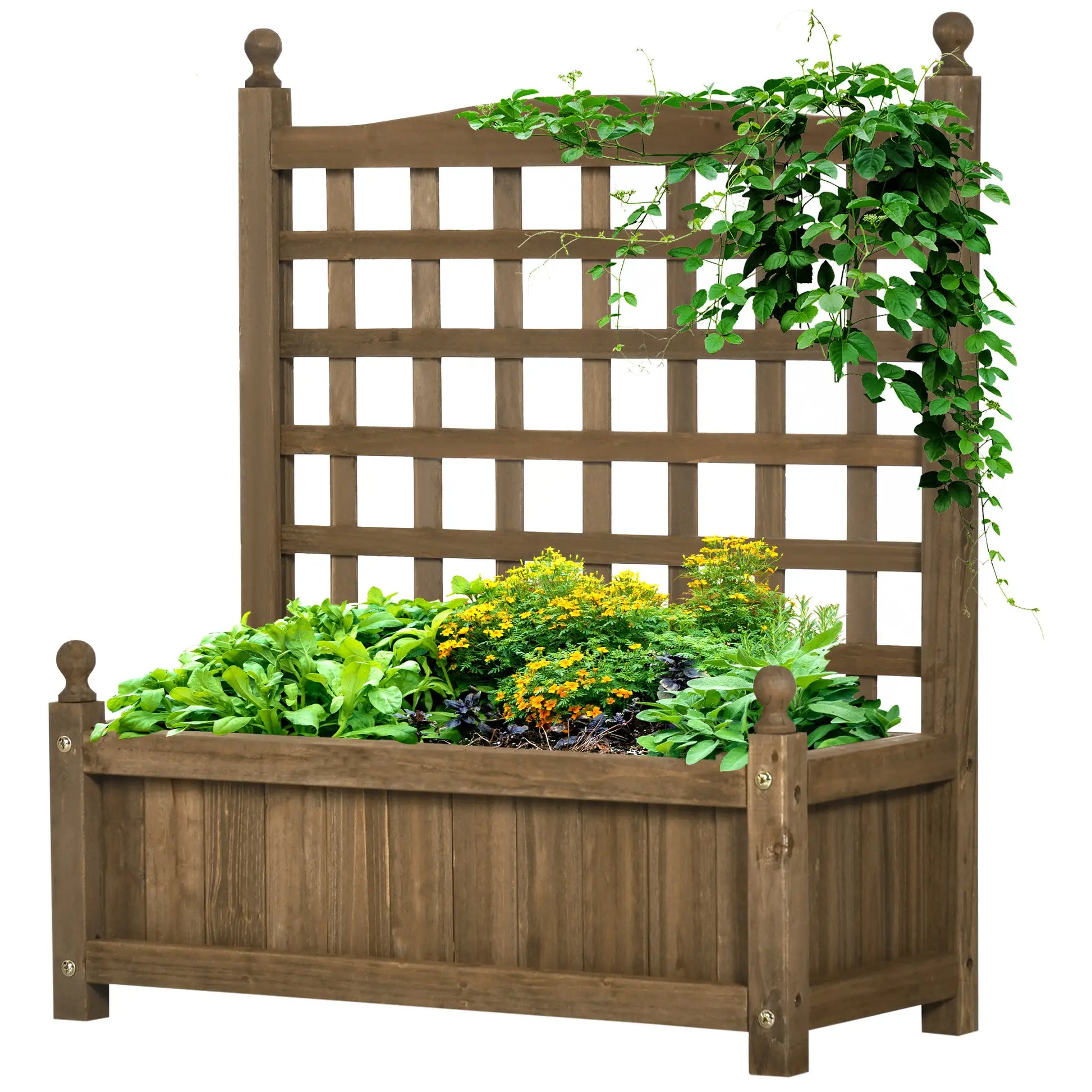 Wood Raised Garden Bed Planter with Trellis, Indoor Outdoor, Coffee Wooden Planter Boxes Coffee at Gallery Canada