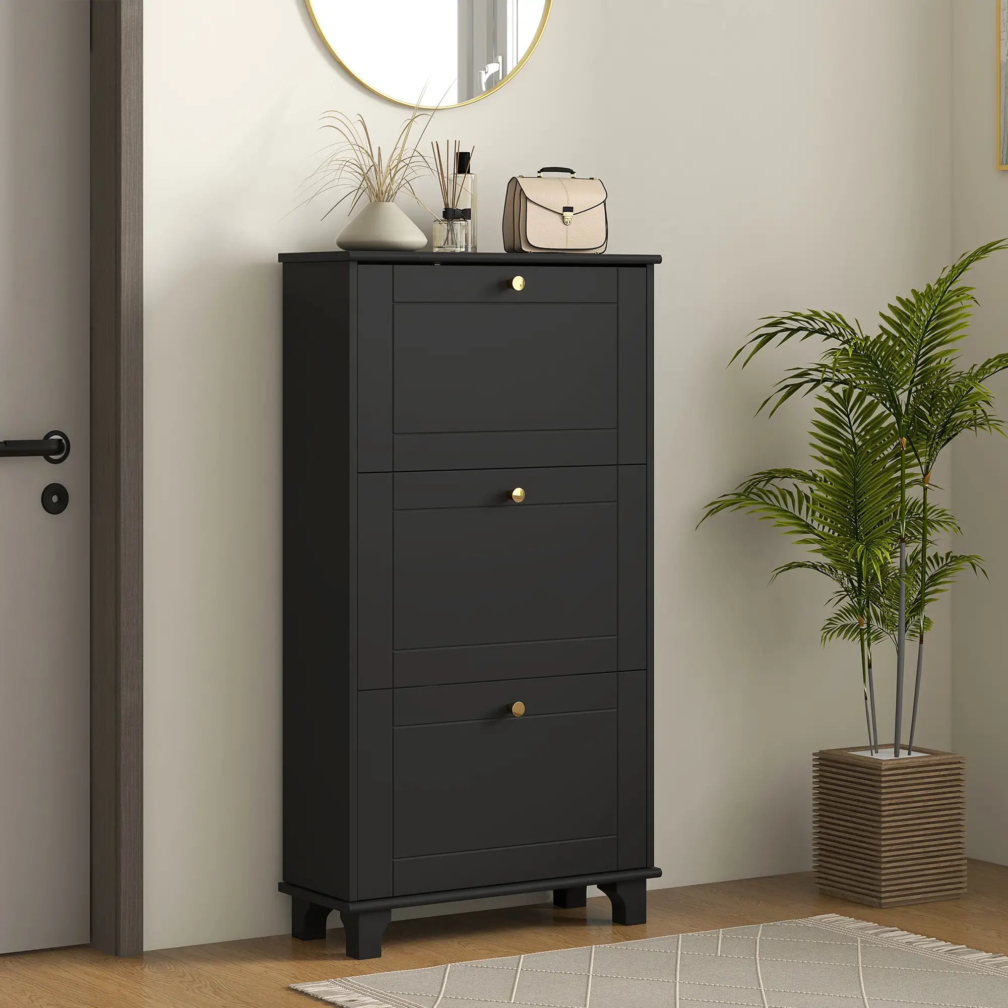 Narrow Shoe Storage, 3 Flip Drawers, Adjustable Shelves, Holds 12 Pairs, Black Shoe Storage Cabinets & Racks at Gallery Canada