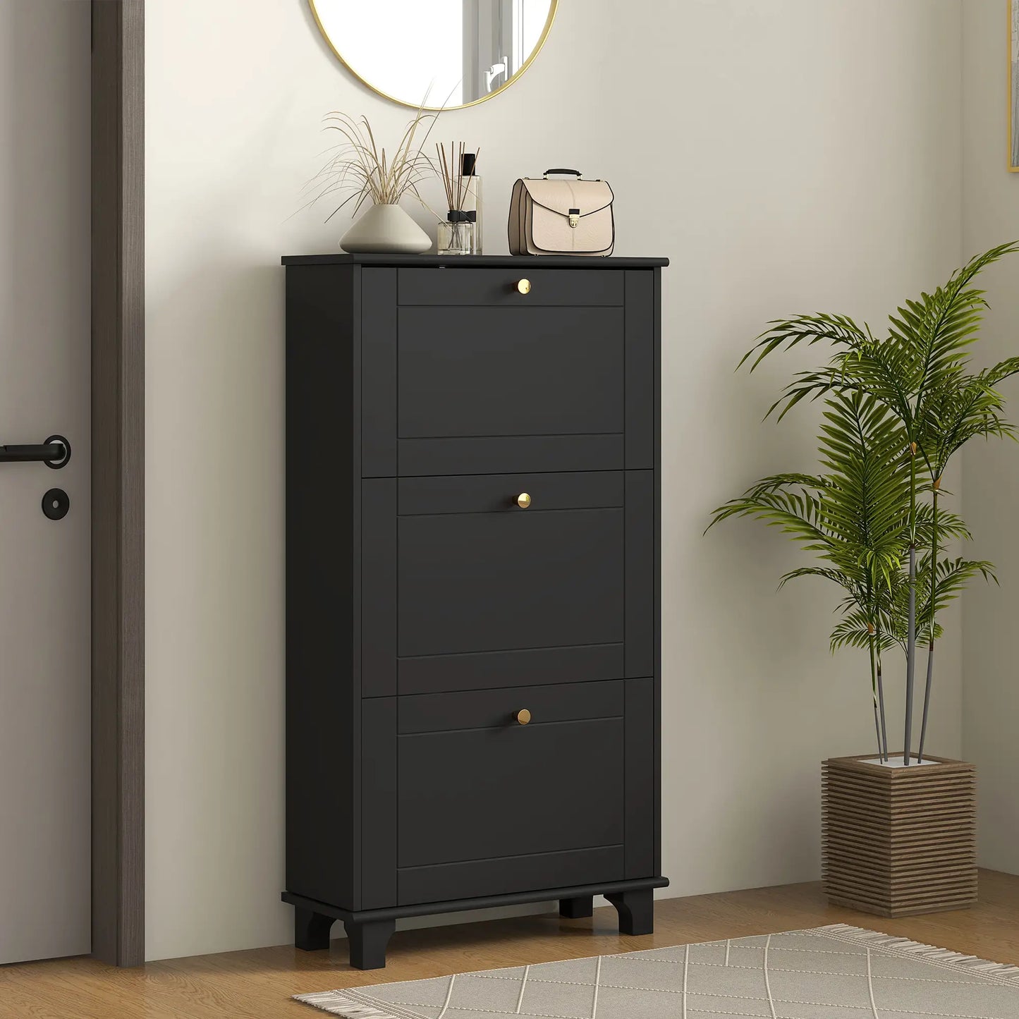 Narrow Shoe Storage, 3 Flip Drawers, Adjustable Shelves, Holds 12 Pairs, Black Shoe Storage Cabinets & Racks at Gallery Canada