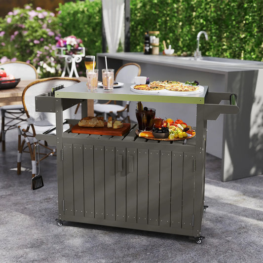 Outdoor Bar Cart With Storage Cabinet, Stainless Steel Table Top, Wheeled HDPE Kitchen Island Outdoor Grill Carts Dark Grey, Silver at Gallery Canada