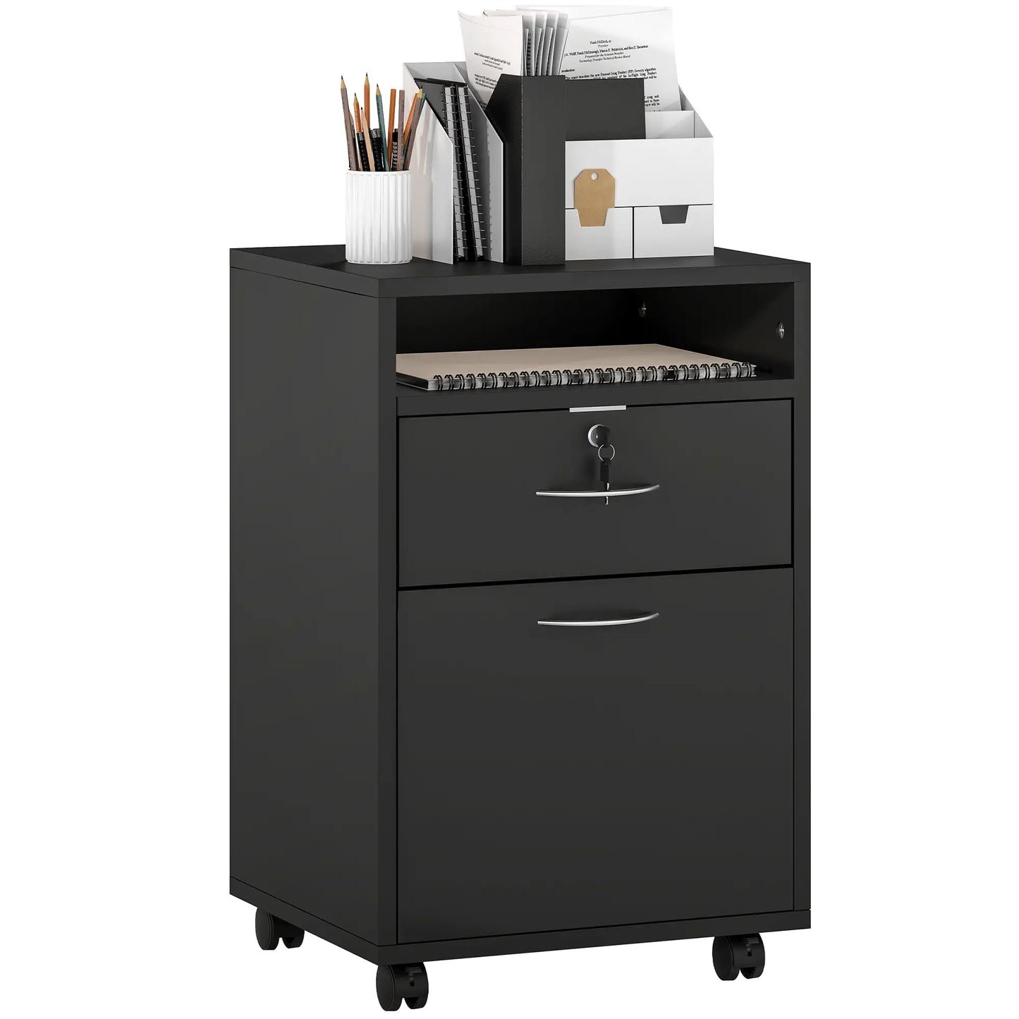 24" Small Filing Cabinet With Compartment, Drawer & Wheels, Black Office Cabinets & Cupboards at Gallery Canada