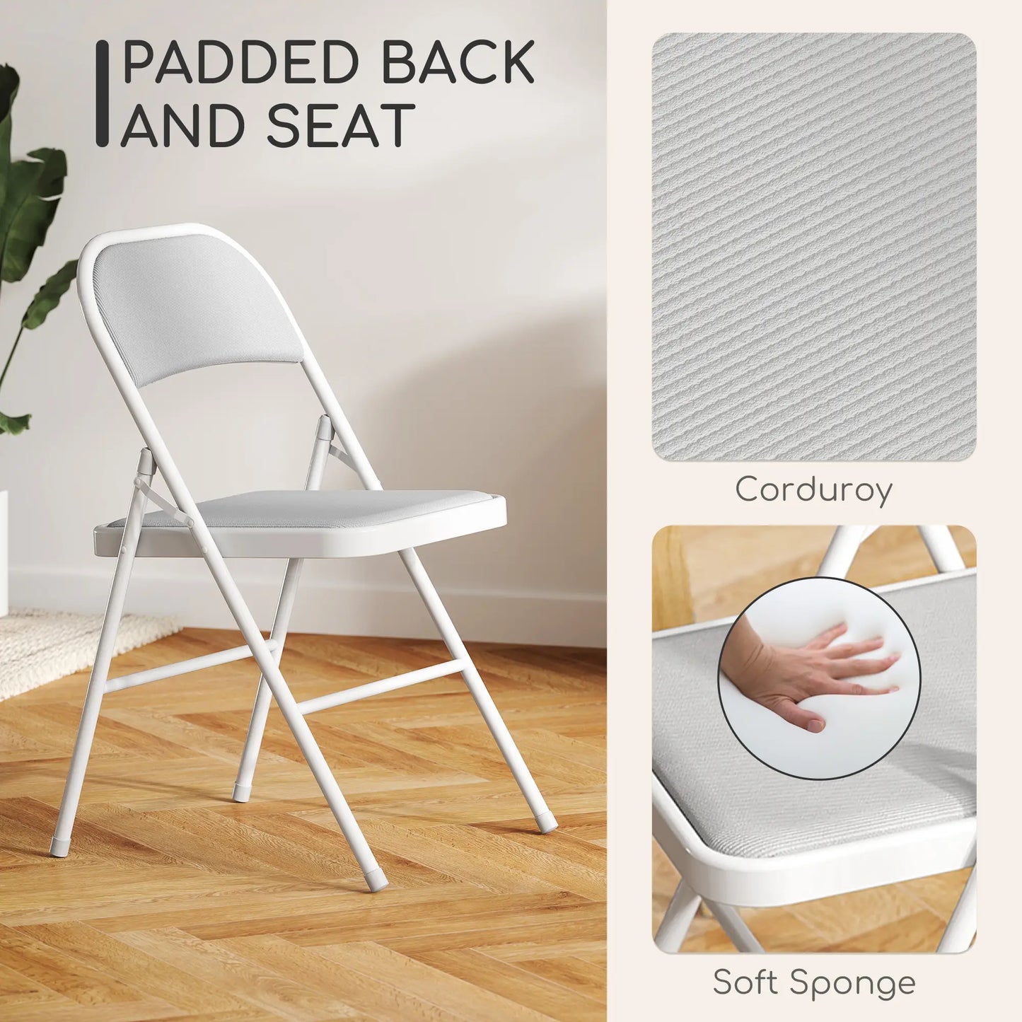 Set of 4 Metal Foldable Chairs, Corduroy Padded, White