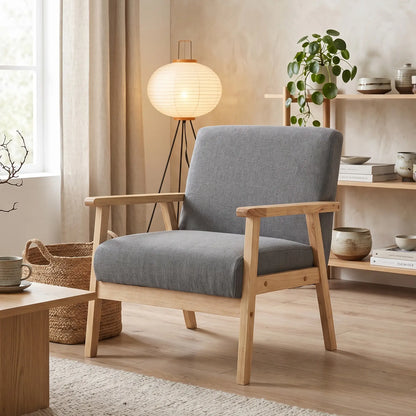 Minimalist Wood Frame Accent Chair, Thick Linen Cushions, Grey Accent Chairs at Gallery Canada