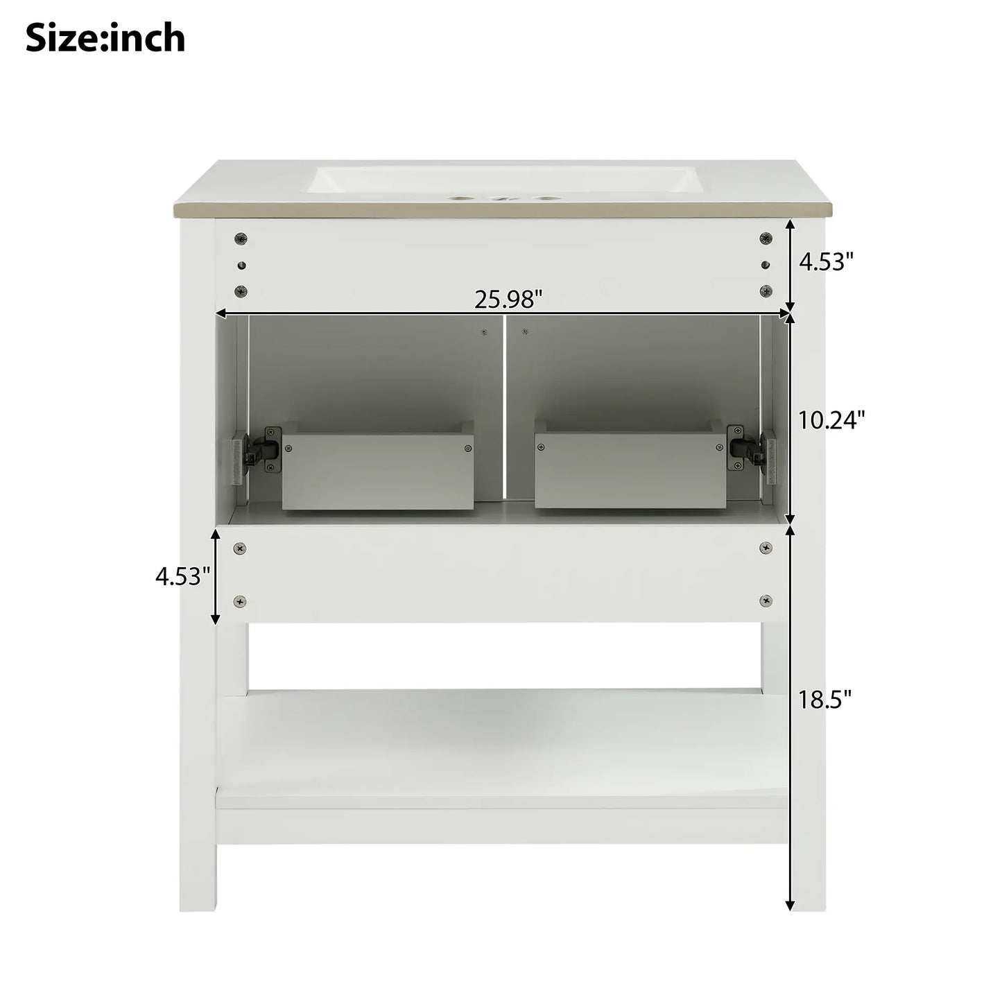Bathroom Vanity with Ceramic Sink, Gold Handles, Soft Close Doors, 30" L x 18.5" W x 34" H, White Sink Cabinets at Gallery Canada