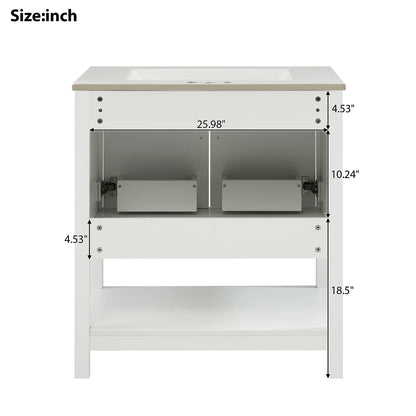 Bathroom Vanity with Ceramic Sink, Gold Handles, Soft Close Doors, 30" L x 18.5" W x 34" H, White Sink Cabinets at Gallery Canada