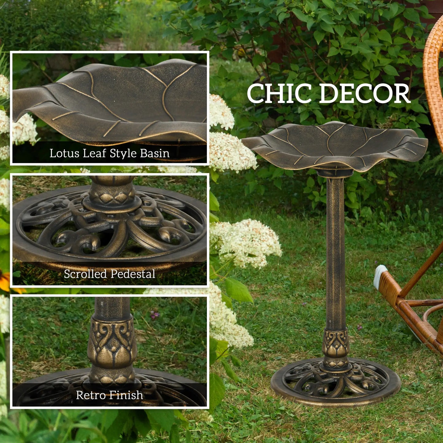 28" Height Bird Bath, Lotus Leaf Basin, Garden Yard, Bronze Garden Accessories at Gallery Canada