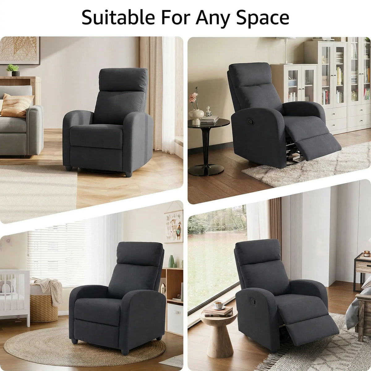 Manual Fabric Recliner Chair, Single Sofa with Padded Seat, Black Single Sofas at Gallery Canada