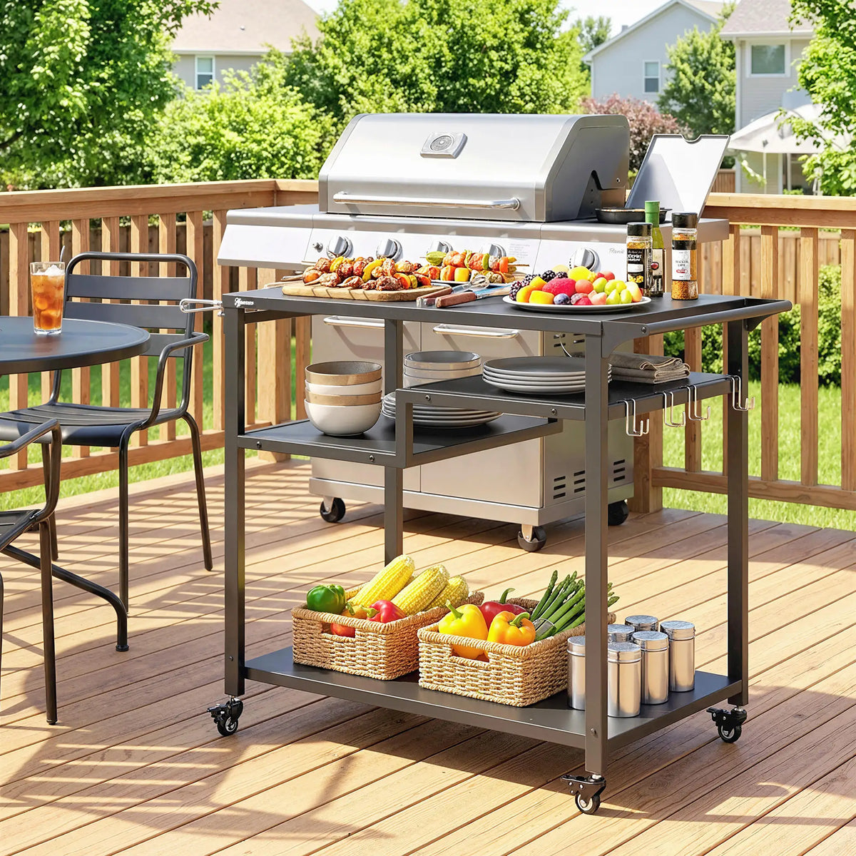 Outdoor Grill Cart, Three-Shelf Pizza Oven Stand With Hooks, Wheels, Black Outdoor Grill Carts at Gallery Canada