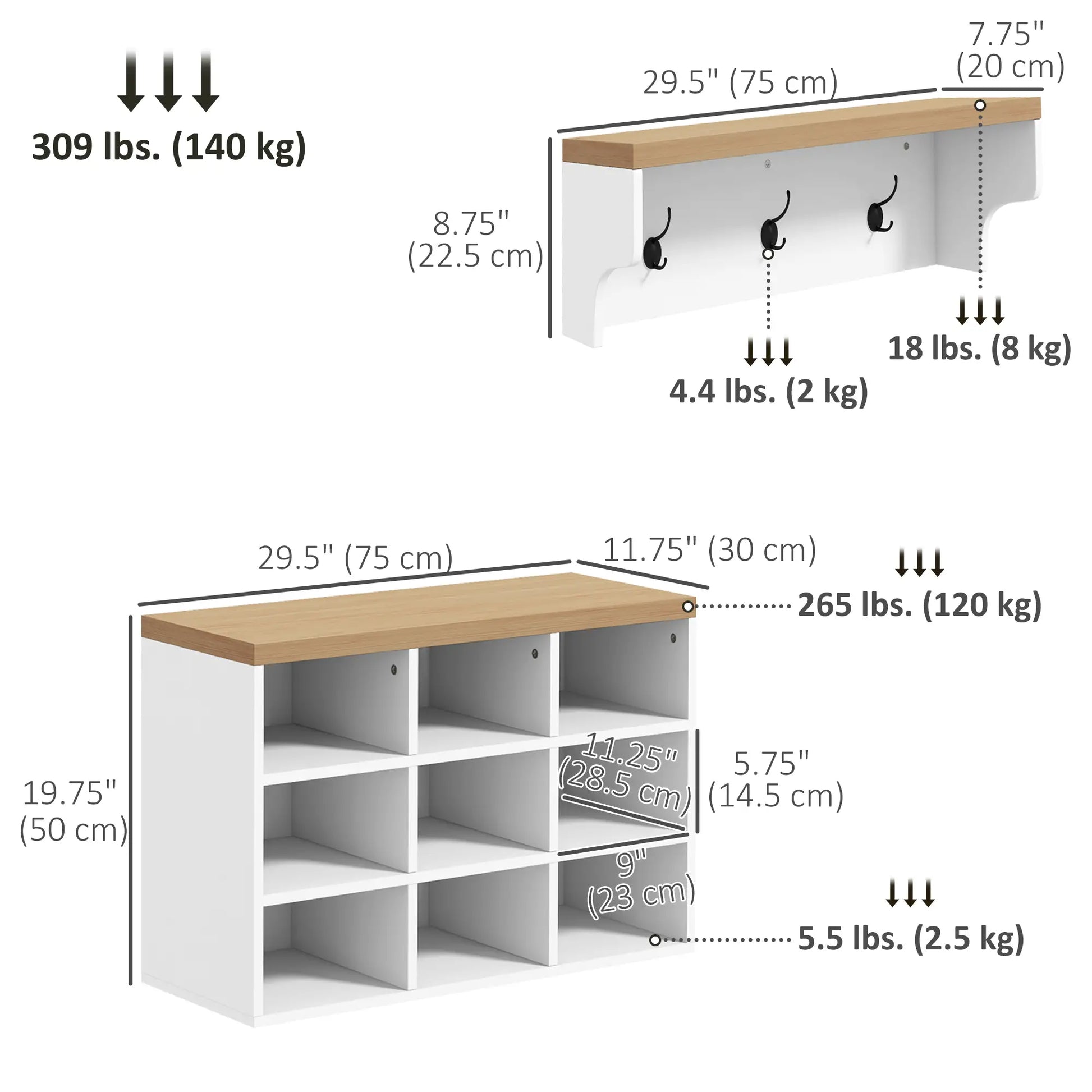 2-in-1 Hall Tree, 5-Hook Coat Rack Shoe Bench Set, White Clothing Storage at Gallery Canada