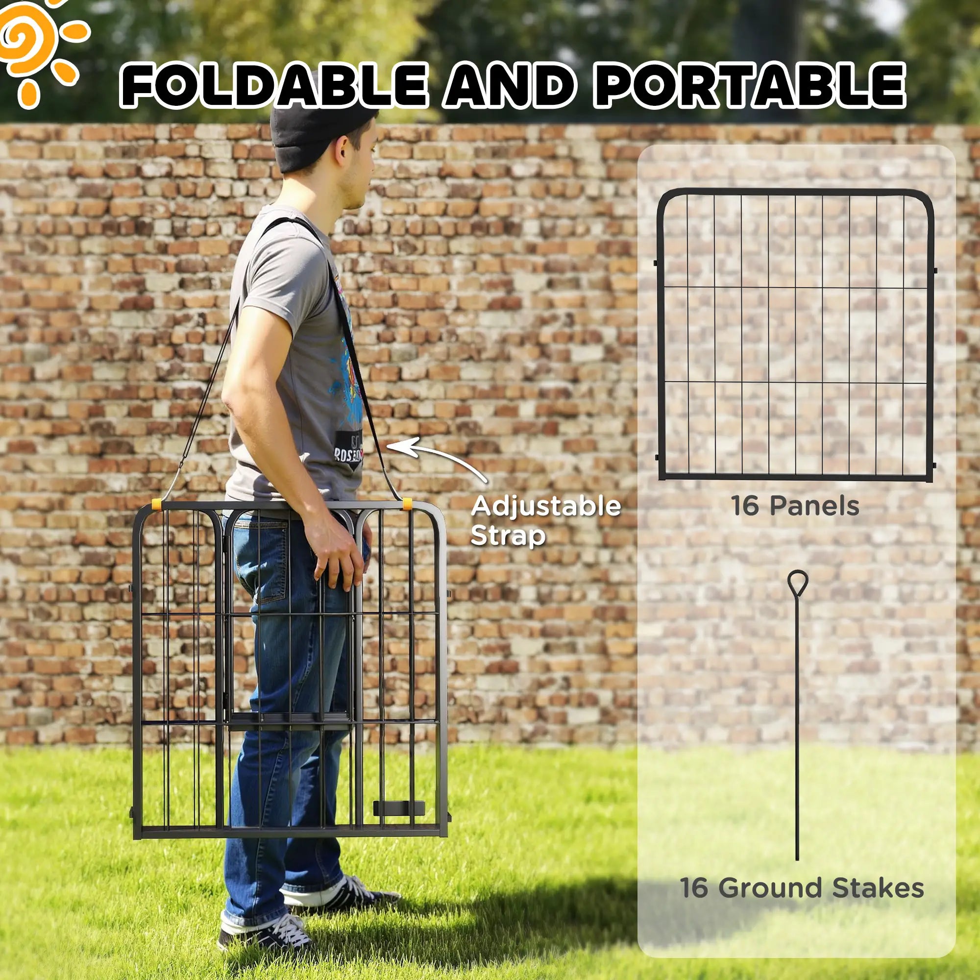 16 Panels Dog Playpen with Straps, Portable &; DIY, for Small Dogs, for Yard, RV, Camping, Garden, 24