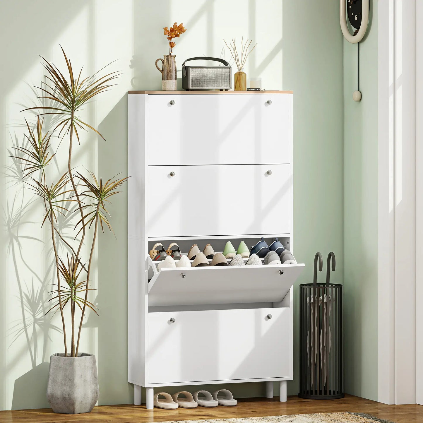 Narrow Shoe Cabinet, 4 Flip Drawers, Adjustable Shelves, Holds 24-32 Pairs, White Shoe Storage Cabinets & Racks at Gallery Canada