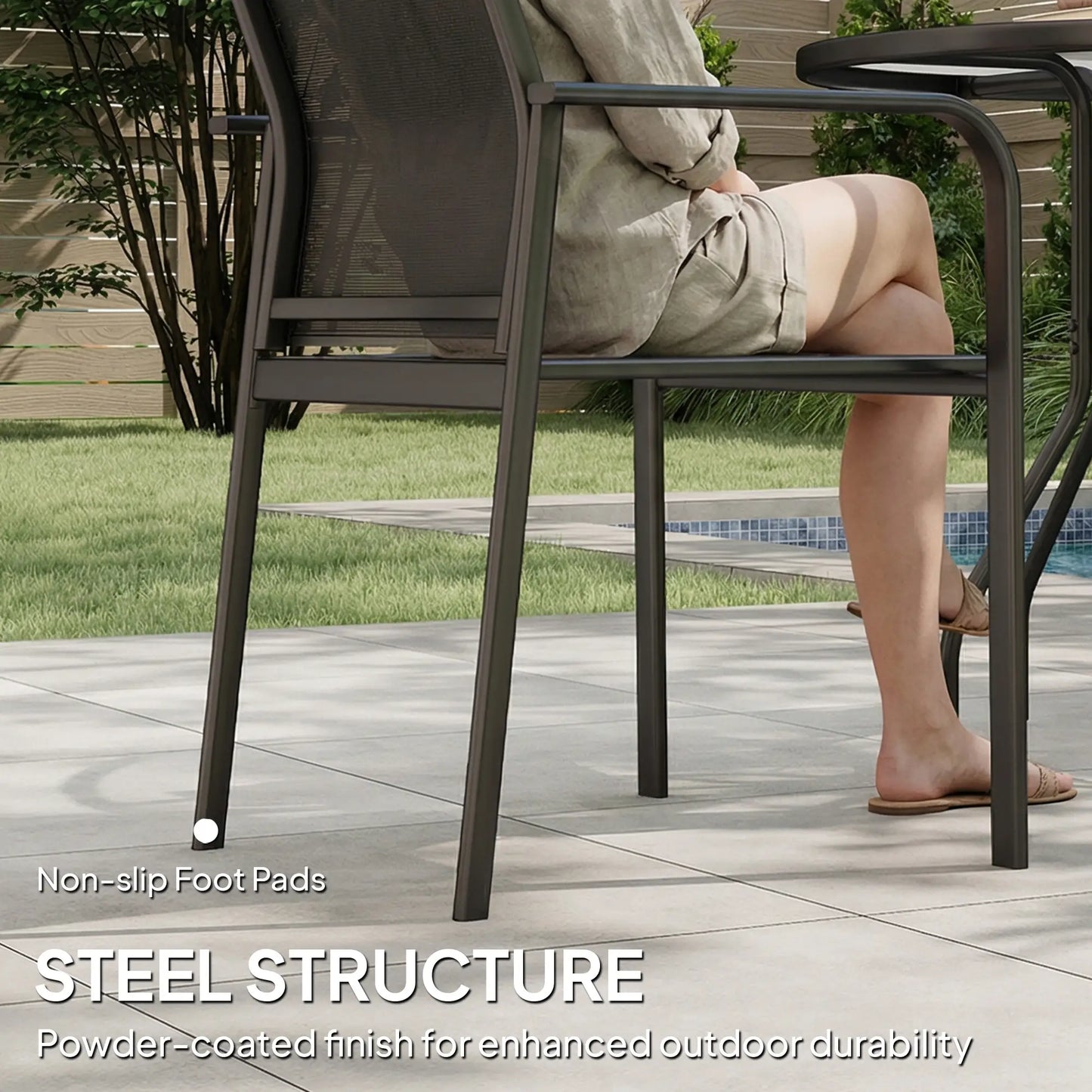 Stackable Patio Chairs Set of 4, 20" Deep Seat, All Weather Mesh, Black Outdoor Dining Sets at Gallery Canada