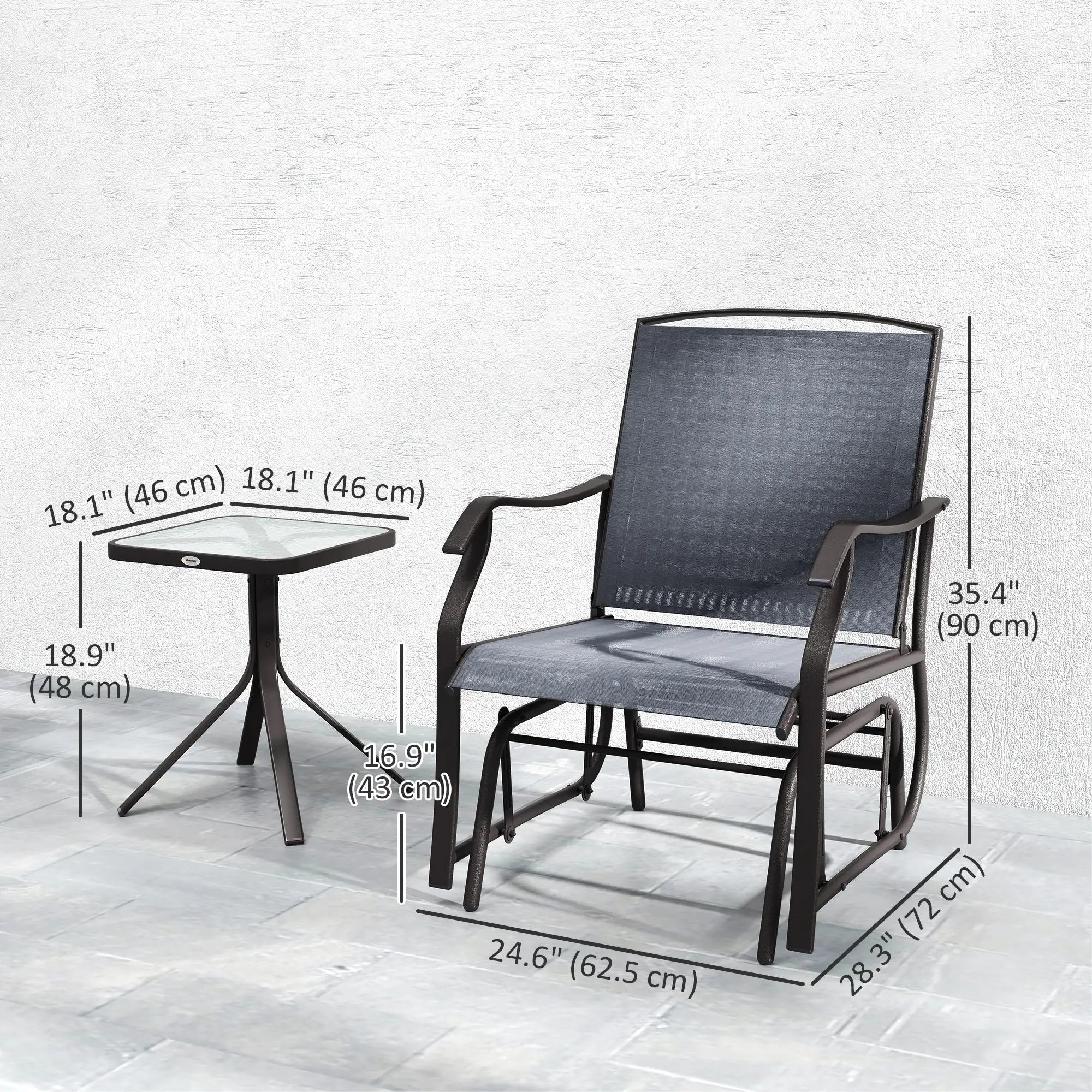 3 Piece Patio Glider Set, Breathable Mesh Seat, Glass Top Table, Grey Outdoor Gliders at Gallery Canada