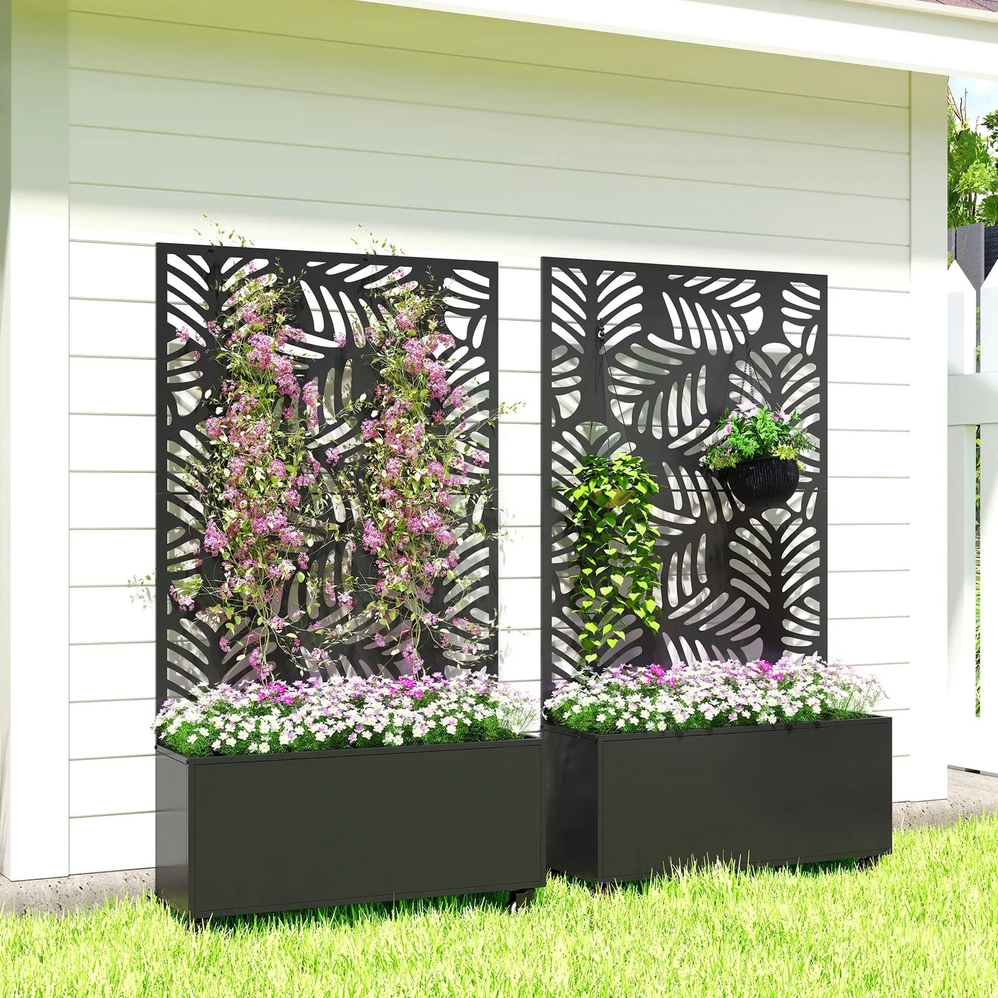 Metal Planter Box With Trellis, Raised Garden Bed With Monstera Leaf Cut-Out