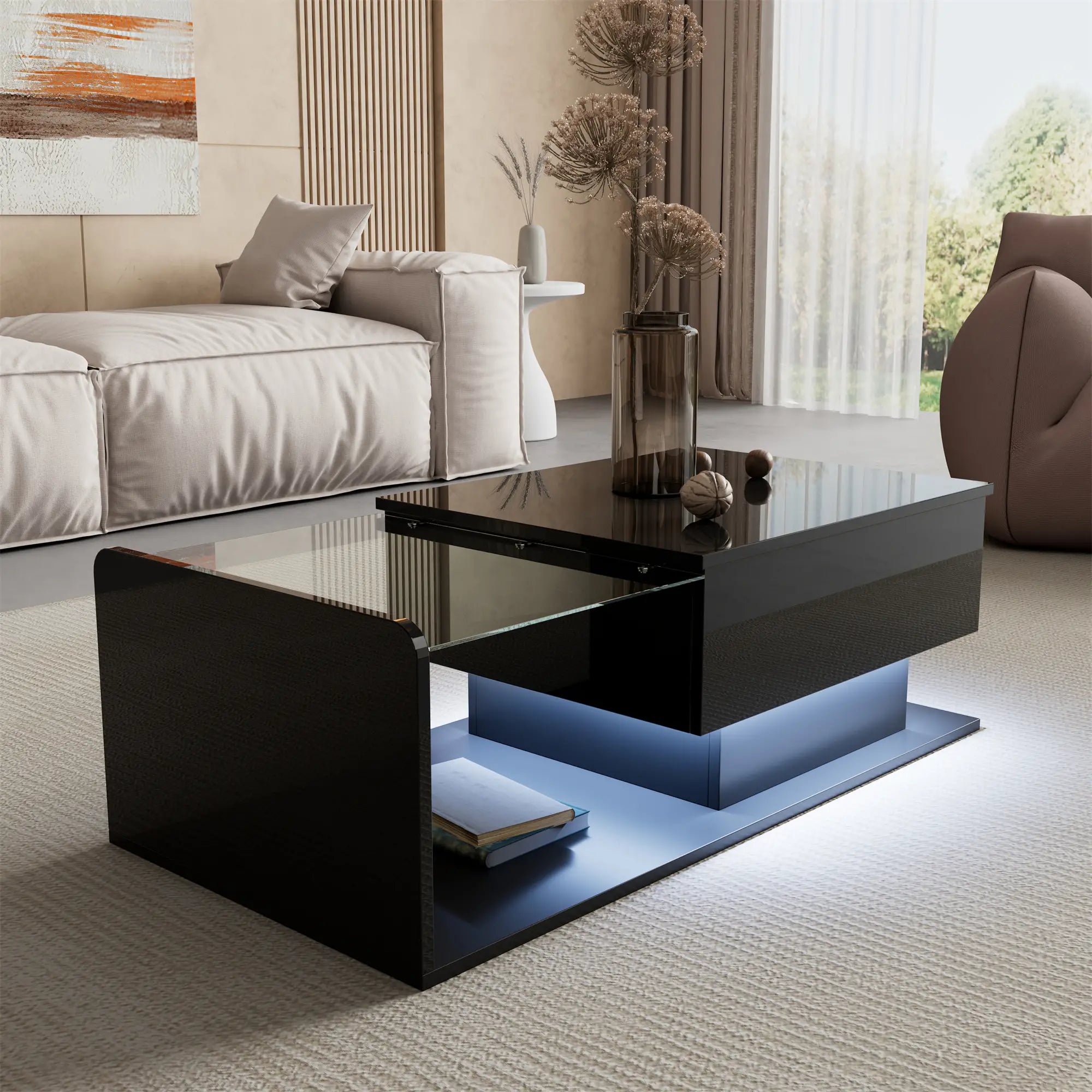 Coffee Table, Tempered Glass Top, LED Light, Adjustable Height, 39.5