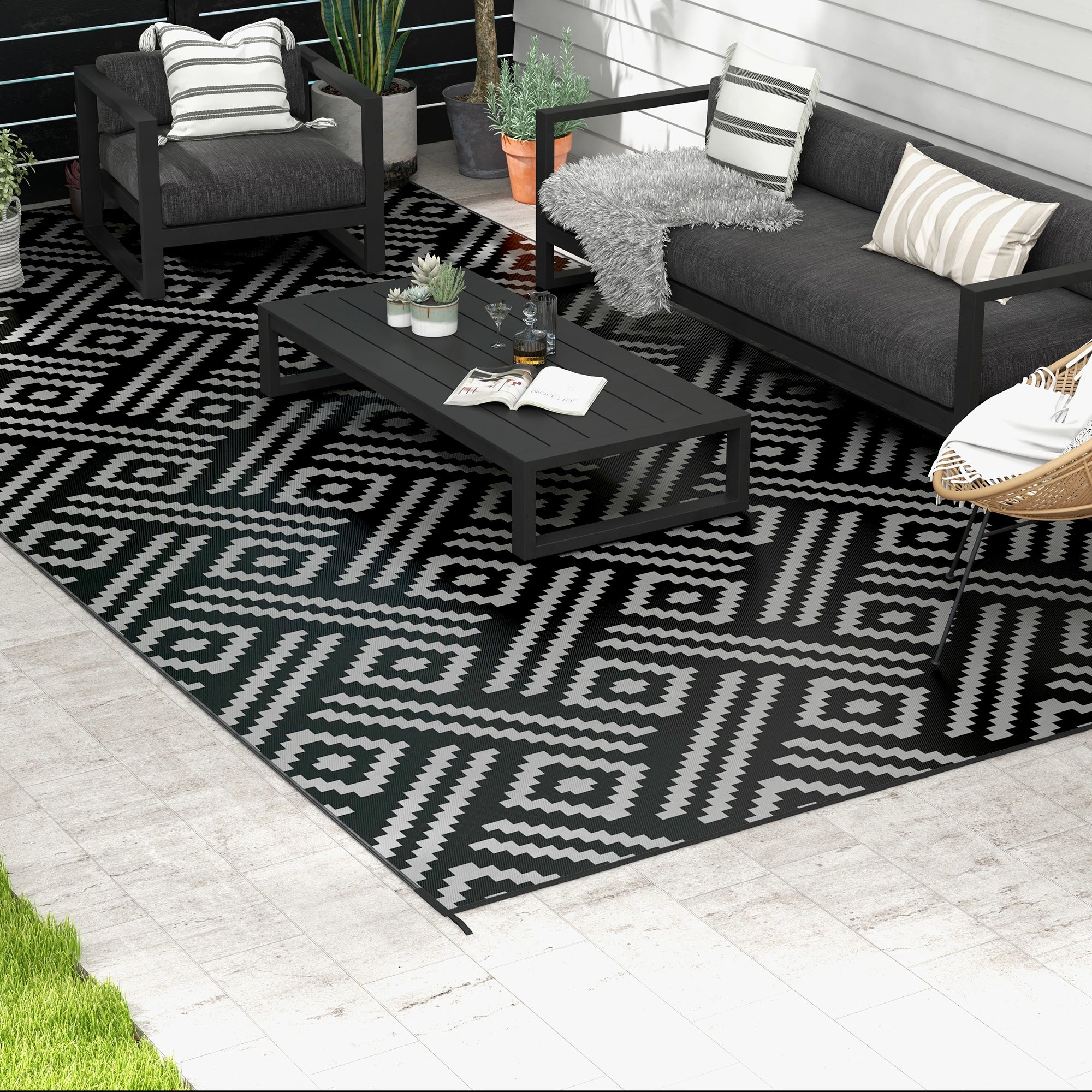 Reversible Outdoor Rug, Waterproof, 9' x 18', Geometric, Black Grey Outdoor Reversible Rugs at Gallery Canada