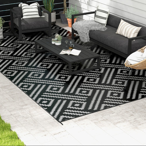 Reversible Outdoor Rug, Waterproof, 9' x 18', Geometric, Black Grey