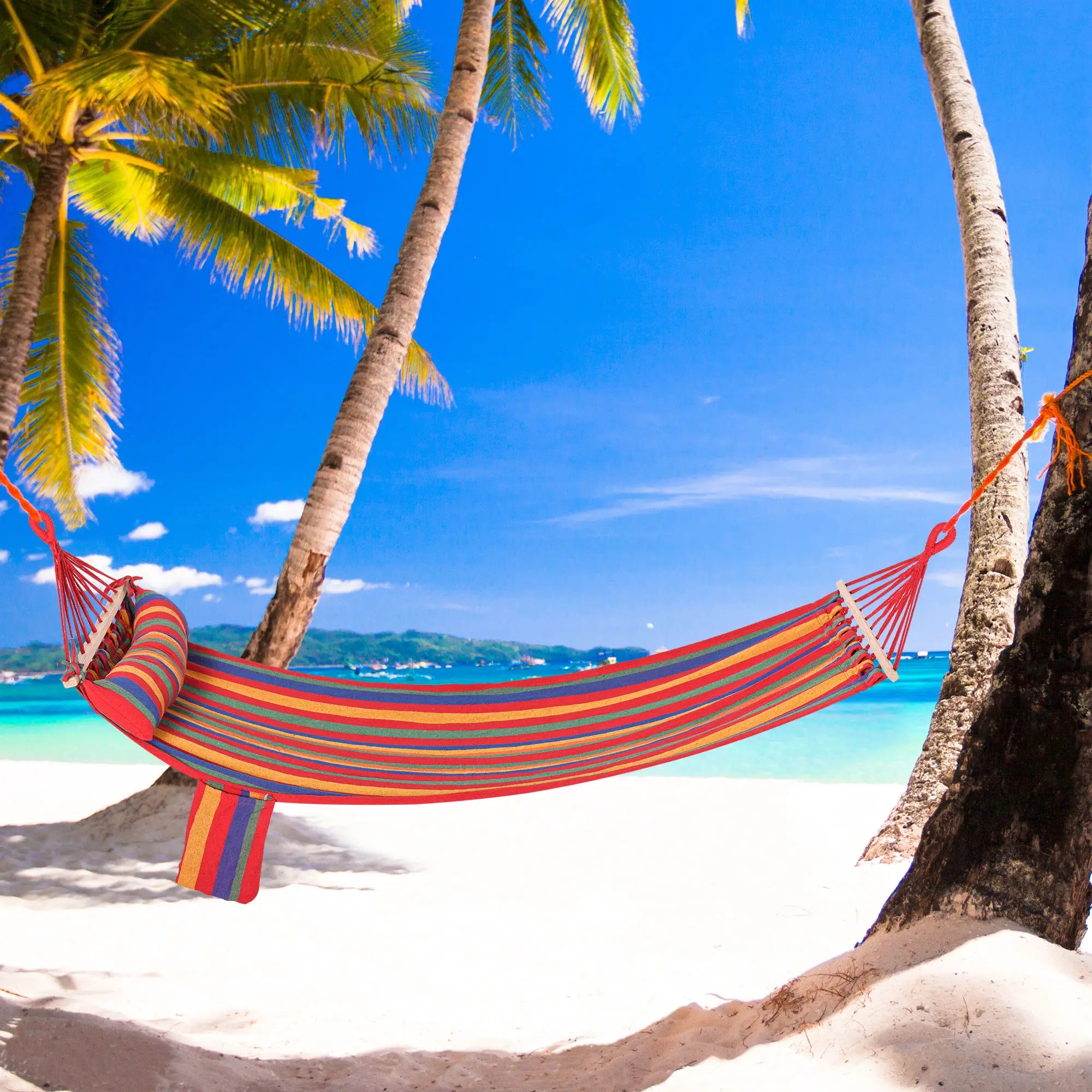 Portable Cotton Hammock Swing Chair, With Headrest And Side Pocket, Rainbow Stripes Camping Hammocks at Gallery Canada