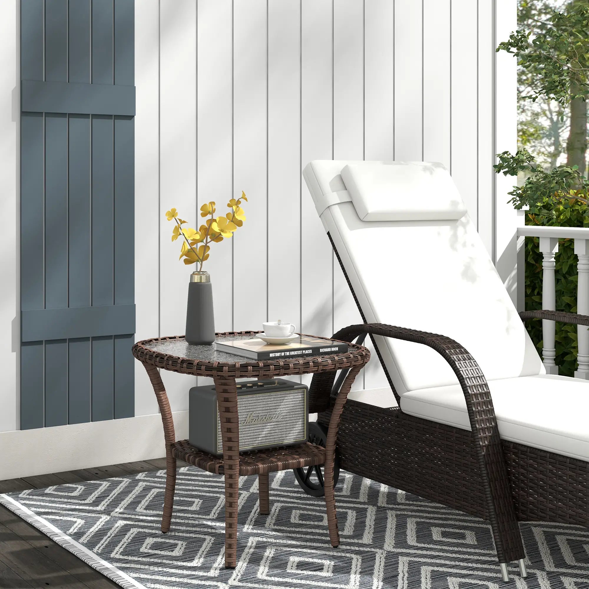 Outdoor Coffee Table With Storage Shelf, Wicker Side Table, Water-Ripple Glass Top, Mix Brown Patio Side Tables at Gallery Canada