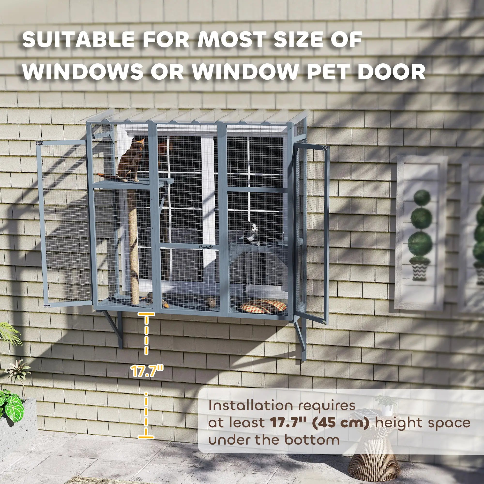 Wooden Catio Outdoor, Cat Window Box Enclosure for 2-3 Large Cats with 2 Jumping Platforms &; Scratching Post, Grey Outdoor Cat Enclosures at Gallery Canada
