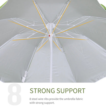 6.7ft Beach Umbrella, Push Button Tilt, Carry Bag, 8 Ribs, Green Beach Umbrellas at Gallery Canada
