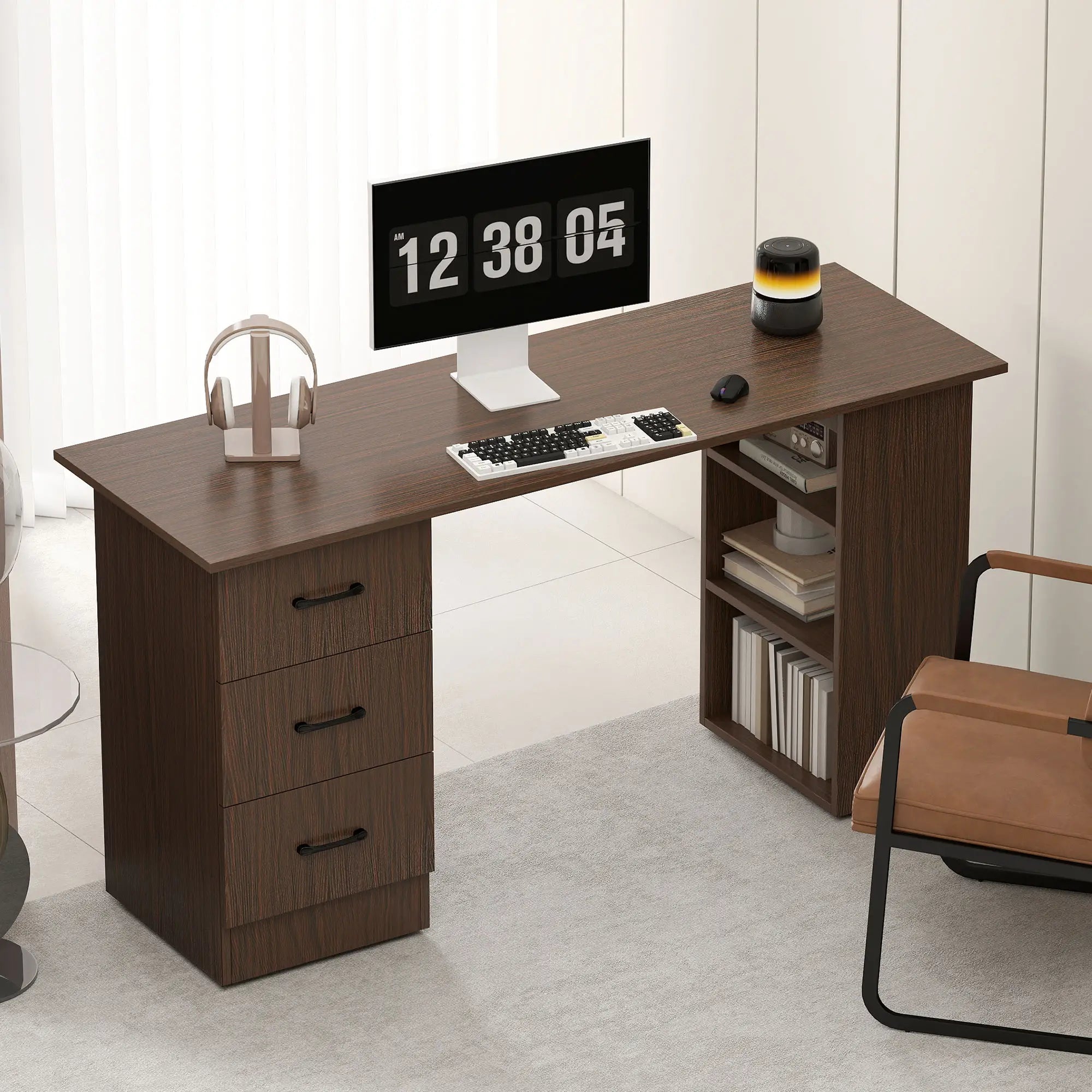 55 Inch Computer Desk, 3-Tier Shelves, 3 Reversible Drawers, Walnut Computer Desks at Gallery Canada