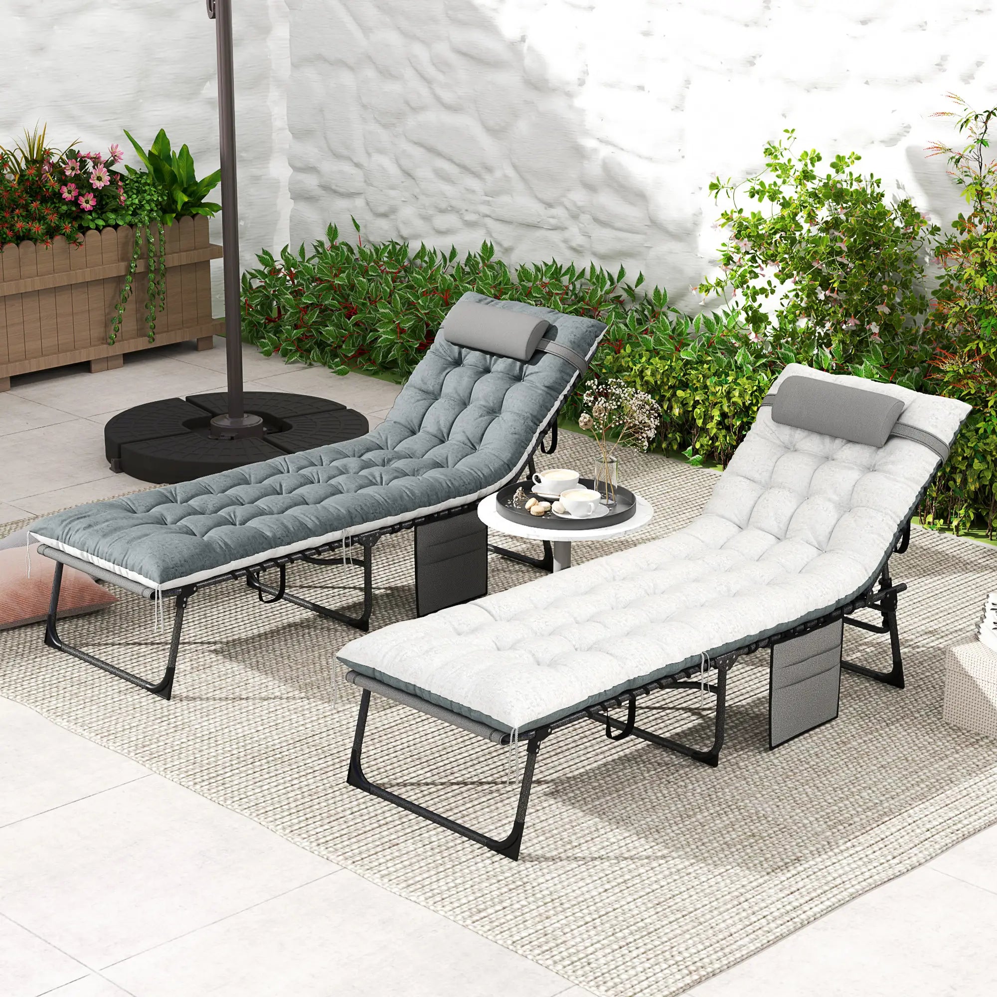 Folding Chaise Lounge Chair Set Of 2, With Cushion And Side Pocket, Grey Lounger Chairs at Gallery Canada