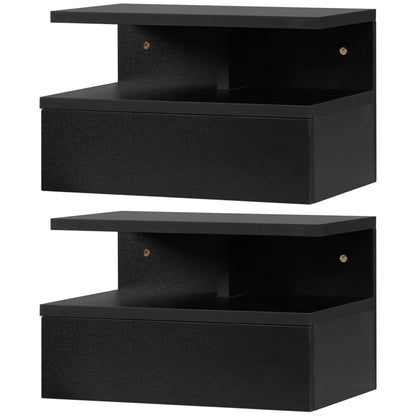 Floating Nightstand Set of 2, Wall Mounted with Drawer and Shelf, Black Bedside Tables Black at Gallery Canada
