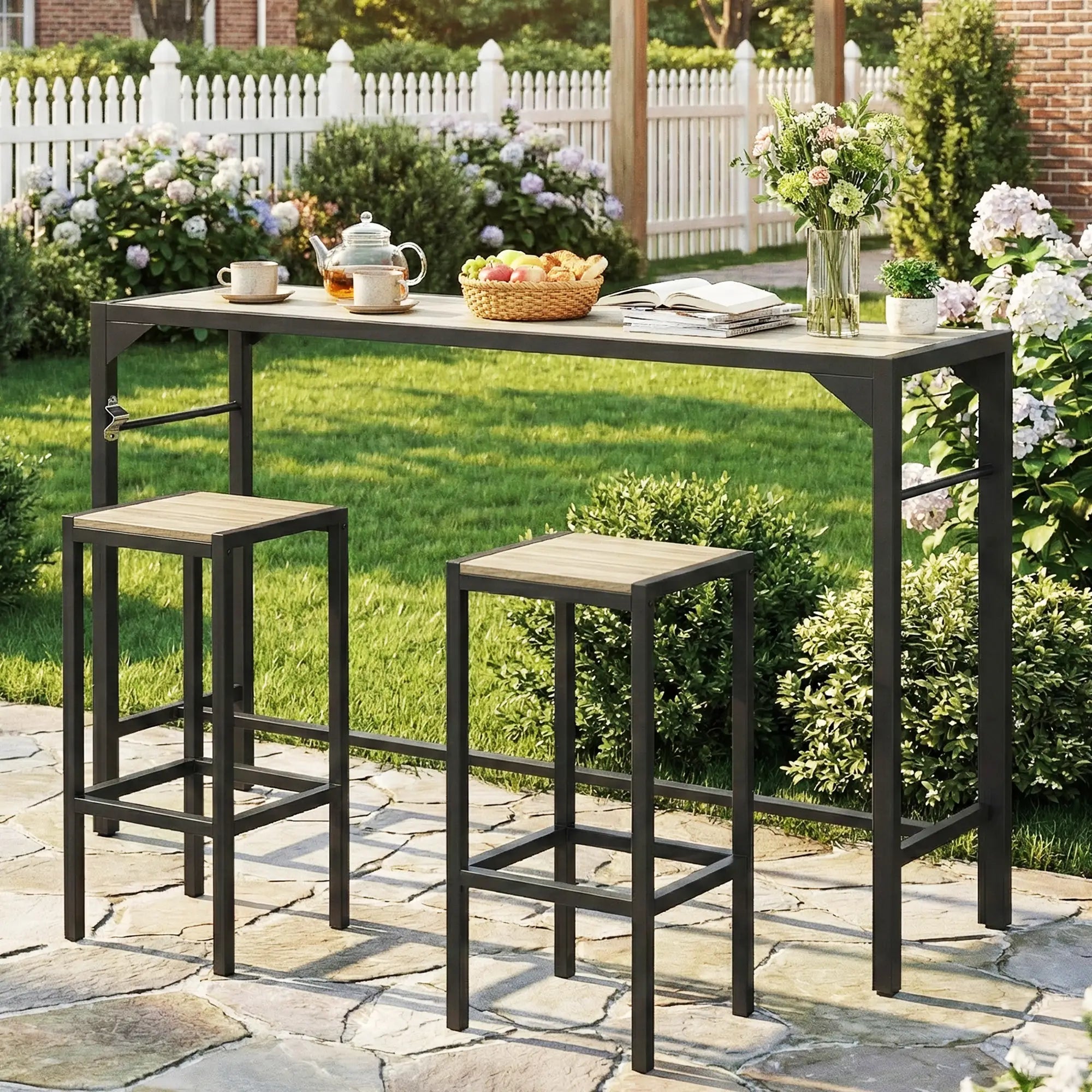 Outdoor Bar Table With Built-In Bottle Opener, Wood Grain Plastic Top, 55
