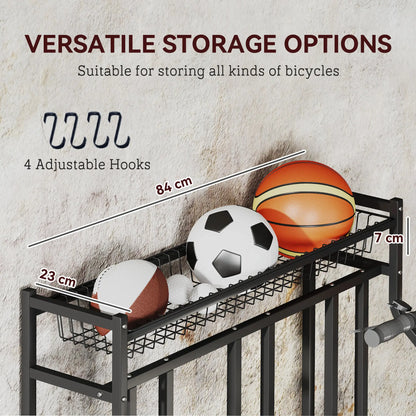 3 Bike Stand, Metal Floor Storage Rack with Basket, Hooks, Black Bike Parking Stands at Gallery Canada