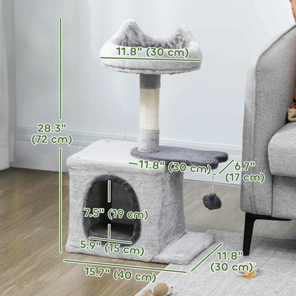 28" Cat Tree Tower with Plush Bed, Condo, Sisal Post, Perch, Ball, Light Grey Cat Posts at Gallery Canada