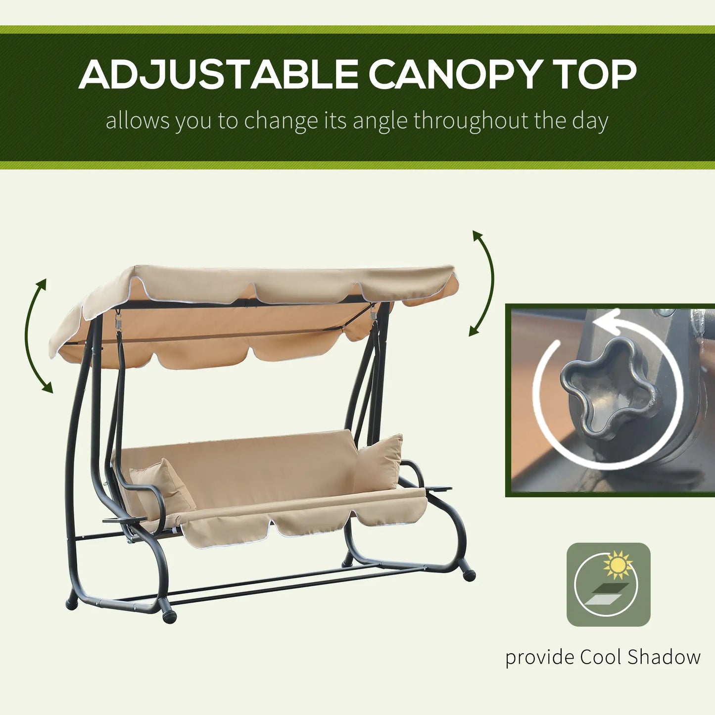 3-Seat Outdoor Swing Chair, Convertible Flat Bed, Adjustable Canopy, Beige Patio Swings with Stand at Gallery Canada
