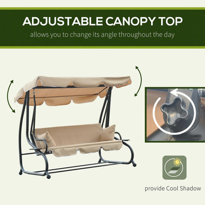 3-Seat Outdoor Swing Chair, Convertible Flat Bed, Adjustable Canopy, Beige Patio Swings with Stand at Gallery Canada