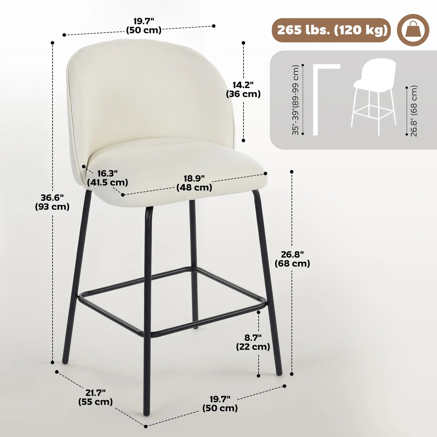 Set of 2 Counter Height Barstools, Upholstered Linen, Cream White Bar Stools at Gallery Canada