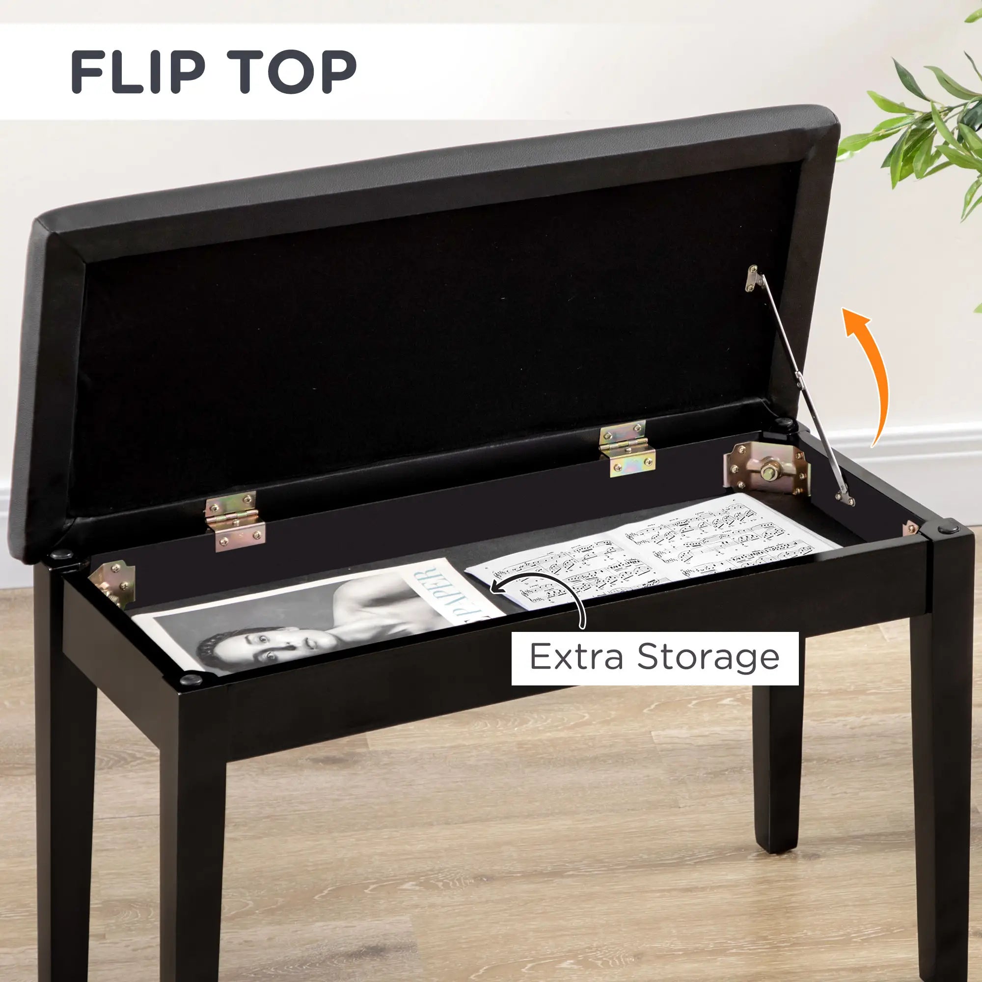 Classic Piano Bench, PU Leather, Rubber Wood Legs, Music Storage, Black Piano Benches at Gallery Canada