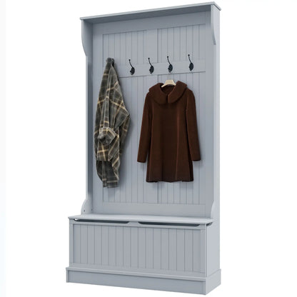 3-In-1 Entryway Hall Tree, Coat Rack, Bench, Shoe Storage, 5 Hooks, Grey Clothing Storage Grey at Gallery Canada