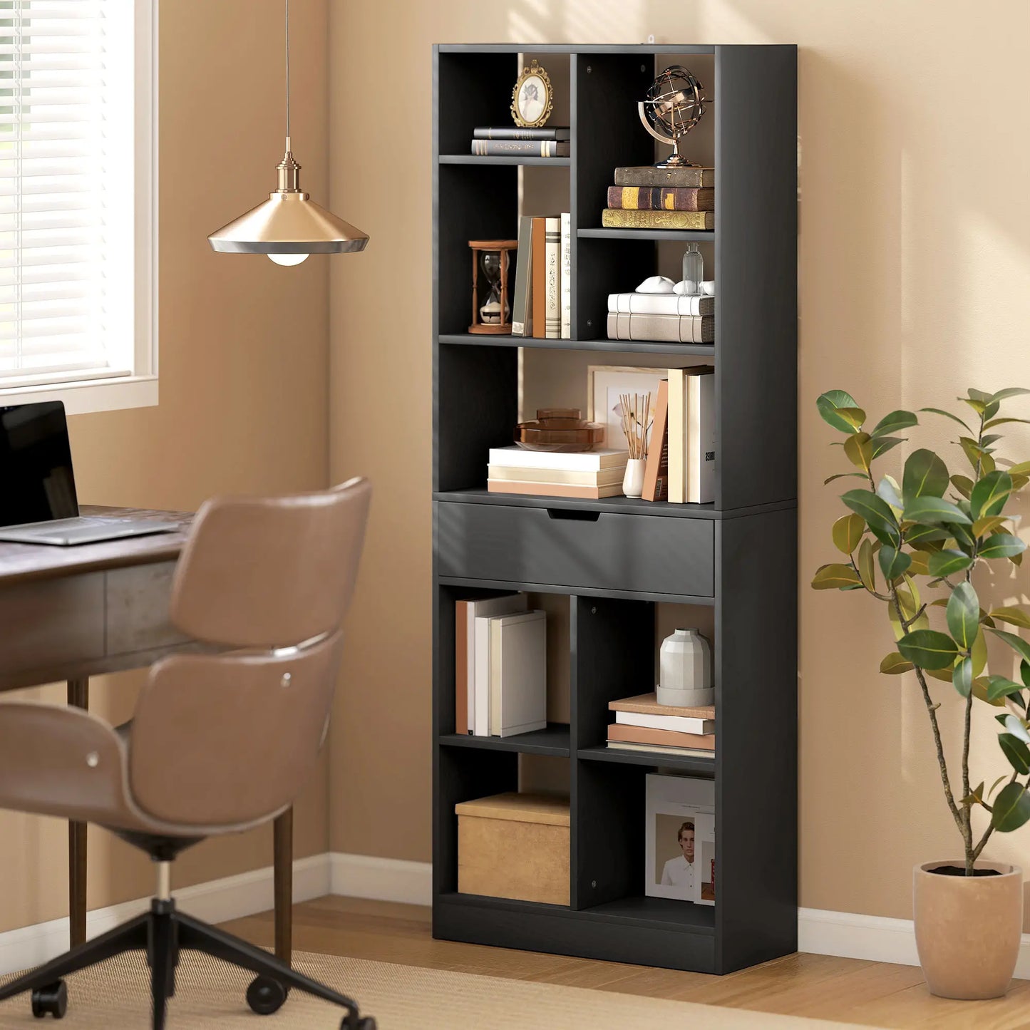 Tall Bookshelf with Drawer, Freestanding Bookcase, Black