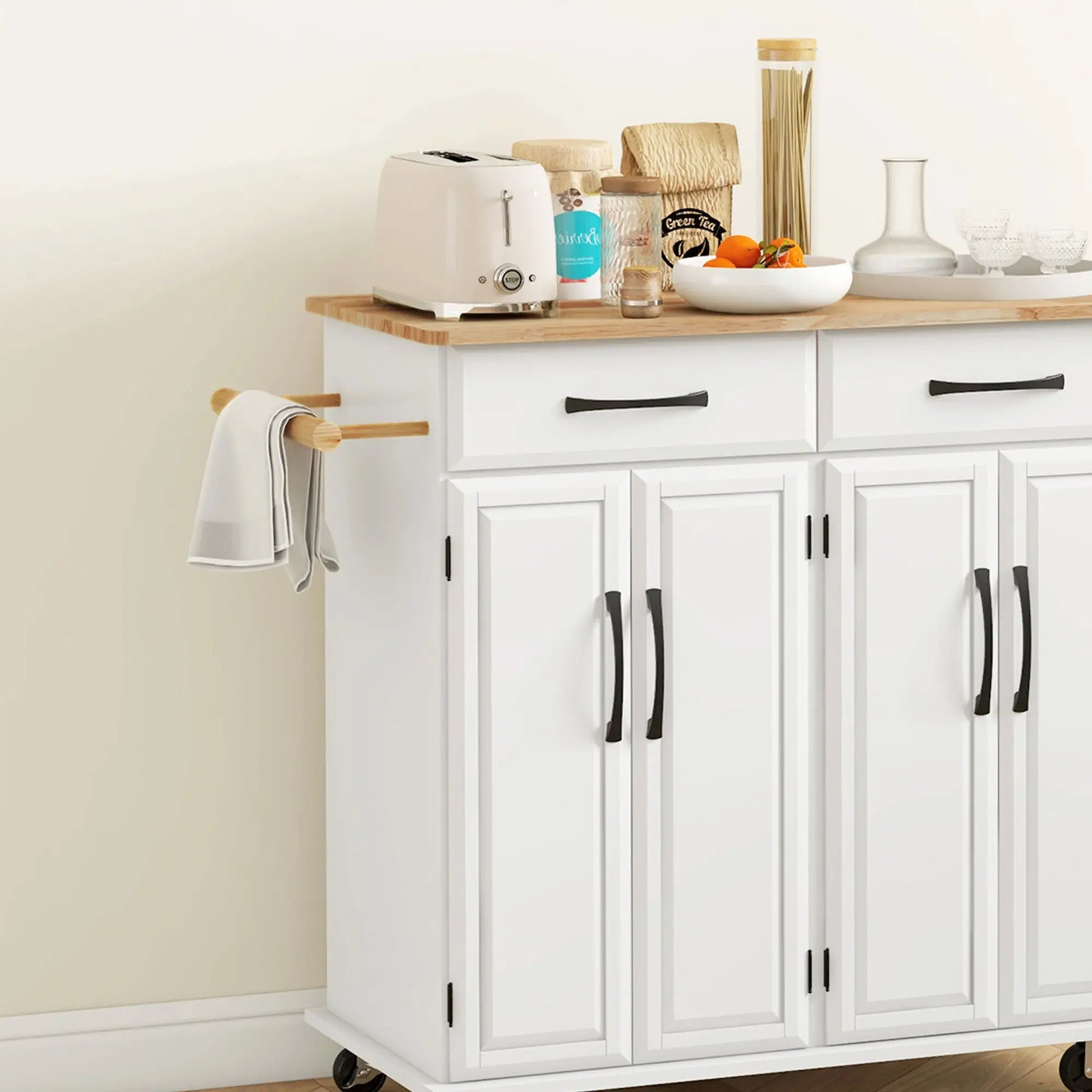 Kitchen Island on Wheels, Rubberwood Top, 2 Drawers, 4 Doors, Adjustable Shelves Kitchen Islands & Kitchen Carts at Gallery Canada