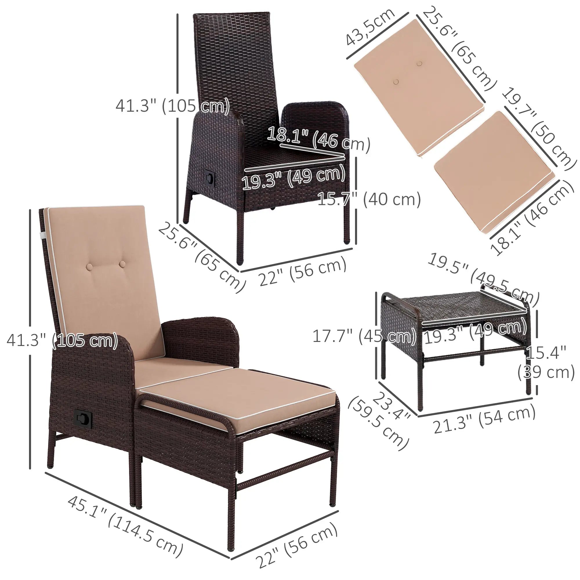 2 Pc Patio Reclining Chair Set with Stool, Cushions, Outdoor, Brown Patio Furniture Sets at Gallery Canada