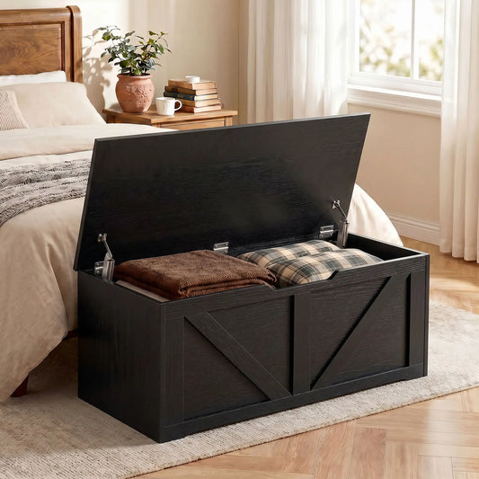 39.4 In Storage Chest With 2 Safety Hinges, White Wood Grain, White Storage Ottomans & Benches Black Wood Grain at Gallery Canada