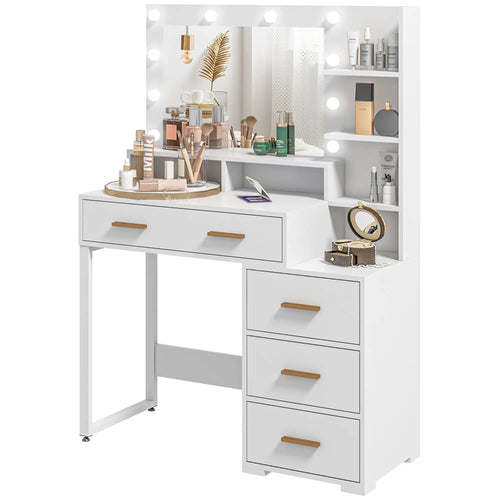 LED Vanity Table with Mirror, Drawer, Storage Shelves, White