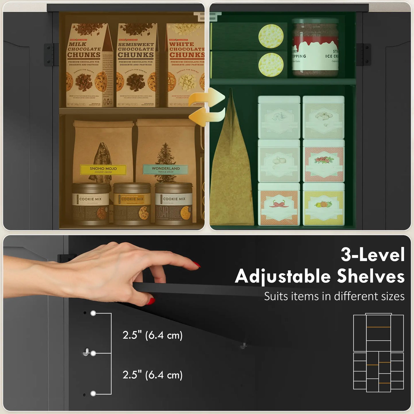 Tall Pantry Cabinet, 64 Inch, Adjustable Shelves, Spice Racks, Black Kitchen Pantry Cabinets at Gallery Canada