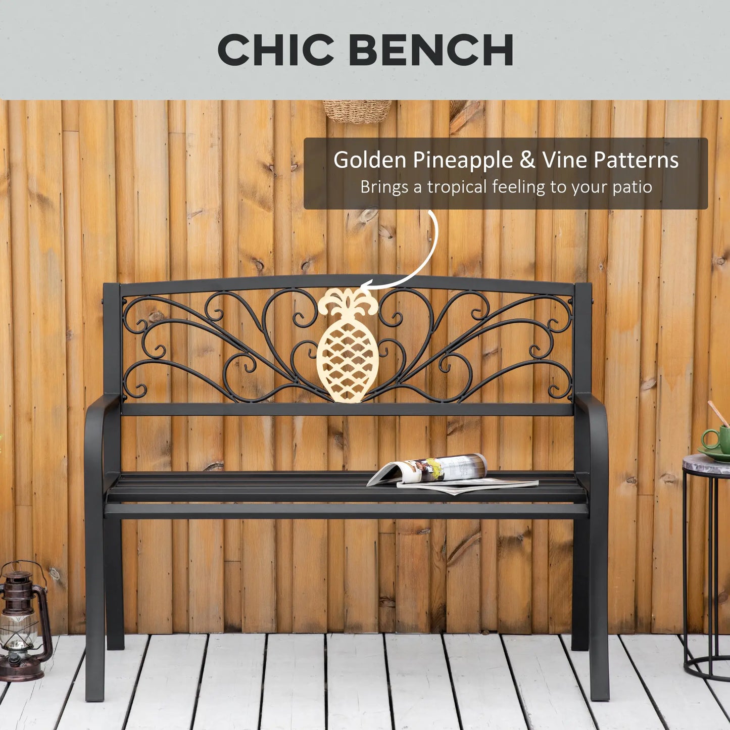 2 Seater Garden Bench, 45" x 21.75" x 35.5", Black and Gold Outdoor Benches at Gallery Canada