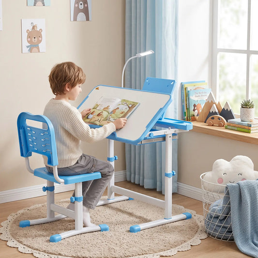 Adjustable Kids Desk and Chair Set, Tilt Desktop, Blue Kids Desk Sets Blue at Gallery Canada